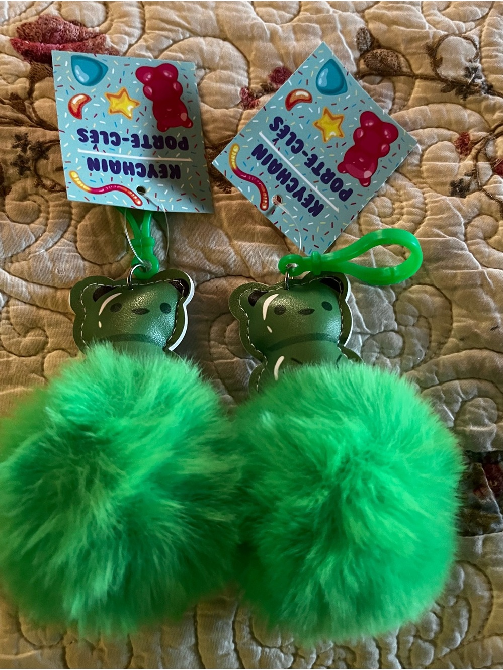 Gummy Bear Pom Pom Keychain 2-Piece Set Green Bag Charms NEW